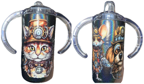 Steampunk Kitty &  Puppy New 12 Ounce Stainless Steel Sippy Training Cup With Handle