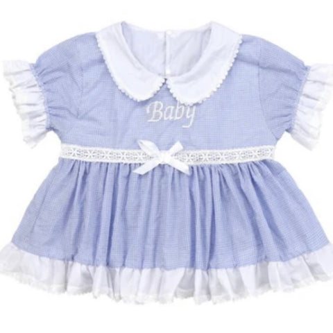 DISCONTINUED Embroidered Baby Seersucker Blue & White Dress