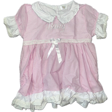 DISCONTINUED Embroidered Baby Seersucker Pink & White Dress xs s 3x 4x