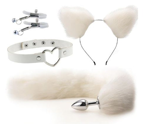 Cute Soft Cat Ears & Tail Stainless Steel Butt Anal Plug Set White #14 Clearance