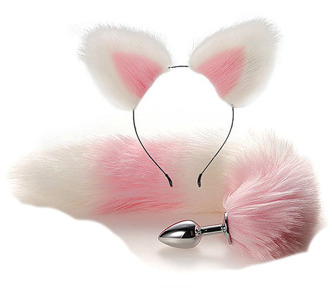 Cute Soft Cat Ears & Tail Stainless Steel Butt Anal Plug Set White pink