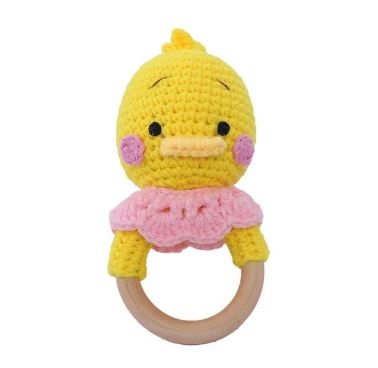 Bird with Pink Collar Crochet Rattle Soother Teether