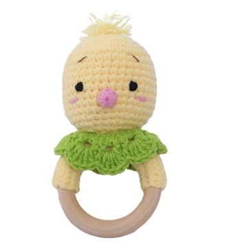 Bird with Green Collar Crochet Rattle Soother Teether
