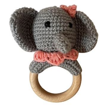 Elephant with Pink Collar Crochet Rattle Soother Teether