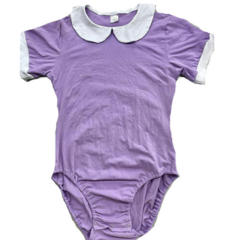 Purple/White Short Sleeve Preppy Baby Onesie w/Peter Pan Style Collar Clearance