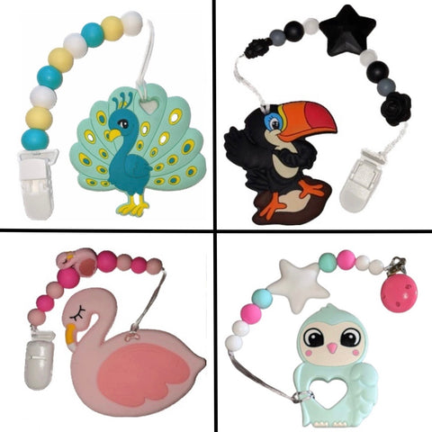 Bird Flamingo Silicone Teether Chewing Toy Pacifier Clip VARIETY