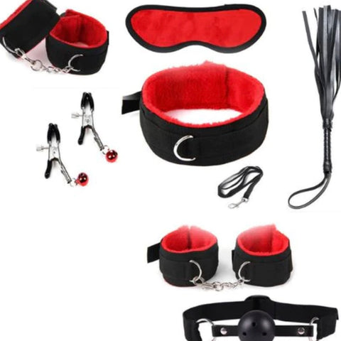 Bondage 8 pcs BDSM Starter Kit Ball Gag Cuff Collar Fetish Sex Toys Set Black/Red Clearance