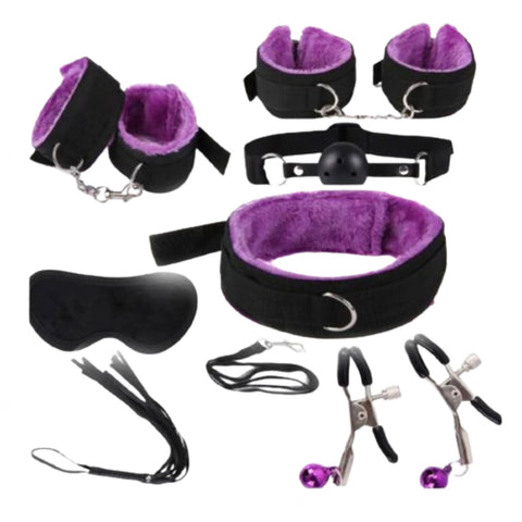 Bondage 8 pcs BDSM Starter Kit Ball Gag Cuff Collar Fetish Sex Toys Set Black/Purple Clearance