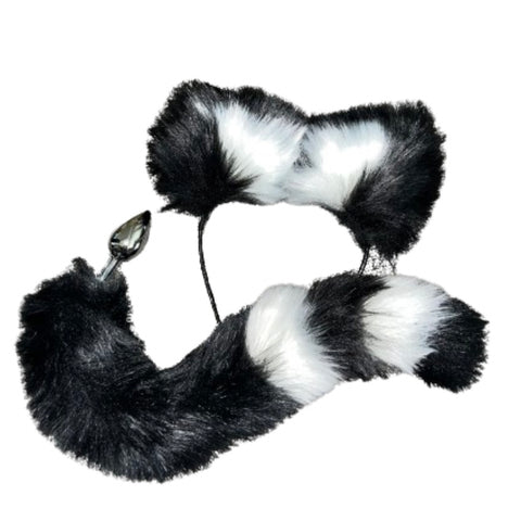 Cute Soft fox Ears & Tail Stainless Steel Butt Anal Plug Set White black