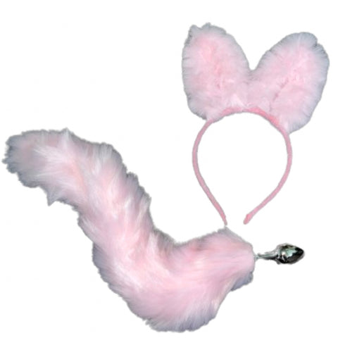 Cute Soft Bunny Ears & Tail Stainless Steel Butt Anal Plug Set pink Clearance