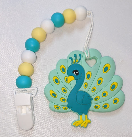 Bird Peacock SILICONE TEETHER CHEWING TOY PACIFIER CLIP TC3078