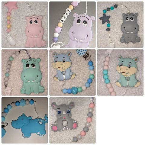 Hippo SILICONE TEETHER CHEWING TOY PACIFIER CLIP