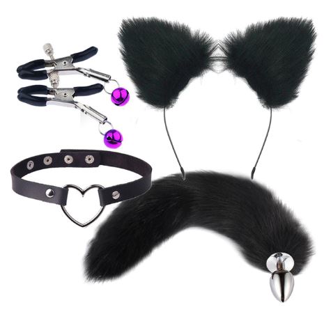 Cute Soft Cat Ears & Tail Stainless Steel Butt Anal Plug Set Black #15