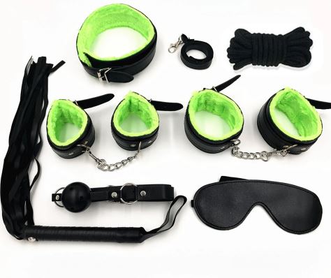 Bondage 8 pcs BDSM Starter Kit Ball Gag Cuff Collar Fetish Sex Toys Set Black/Lime Green Clearance