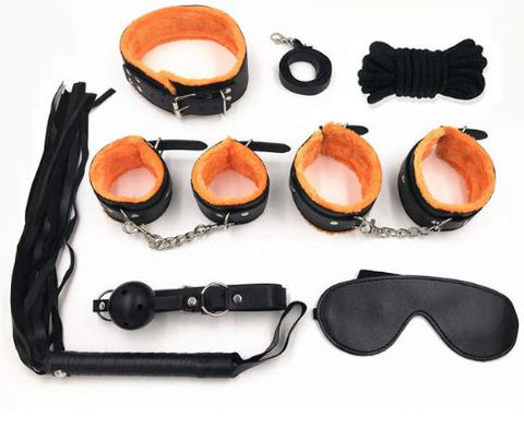 Bondage 8 pcs BDSM Starter Kit Ball Gag Cuff Collar Fetish Sex Toys Set Black/Orange