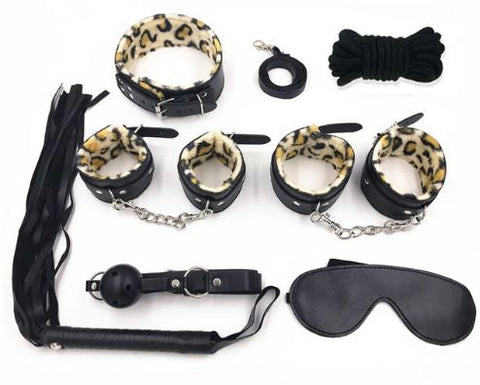 Bondage 8 pcs BDSM Starter Kit Ball Gag Cuff Collar Fetish Sex Toys Set Black/Leopard Clearance