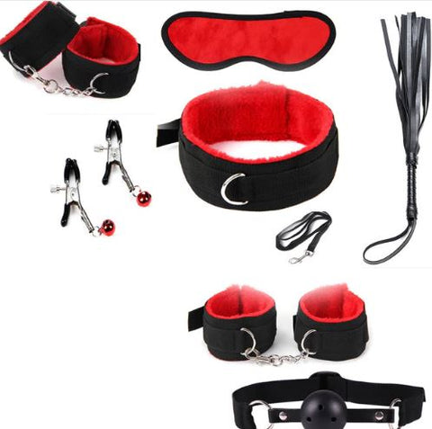 Bondage 8 pcs BDSM Starter Kit Ball Gag Cuff Collar Fetish Sex Toys Set Black/Red