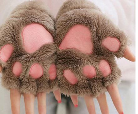 Fingerless Plush Fluffy Mittens Bear Claw Cat Animal Paw PETPLAY Brown