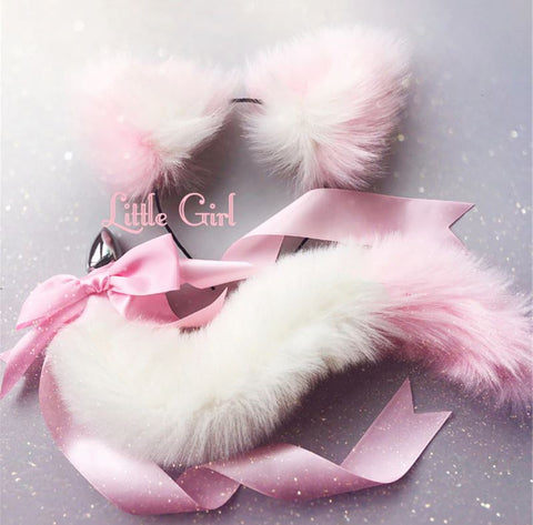 Cute Soft Cat Ears & Tail Stainless Steel Butt Anal Plug Set White pink