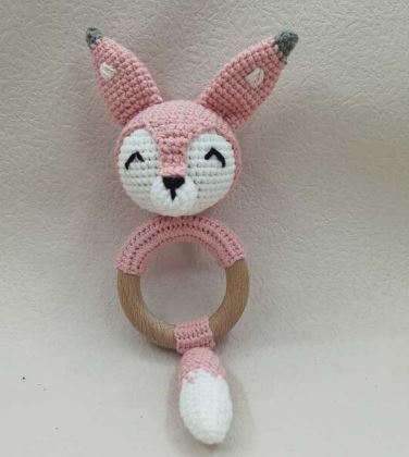 Pink Fox Crochet Rattle Soother Teether