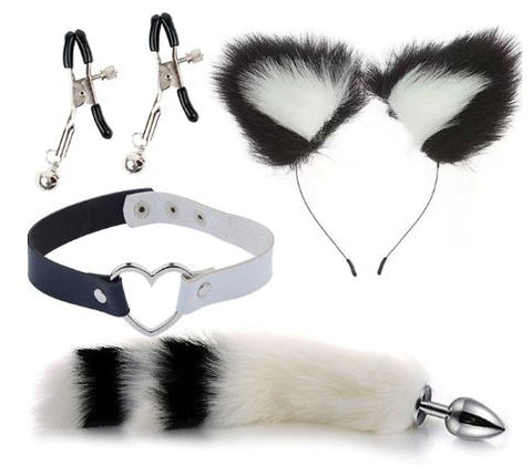 Cute Soft Cat Ears & Tail Stainless Steel Butt Anal Plug Set Black White #5 Clearance