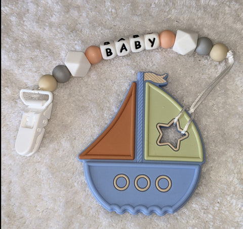 Sail Boat SILICONE TEETHER CHEWING TOY PACIFIER CLIP tc3000