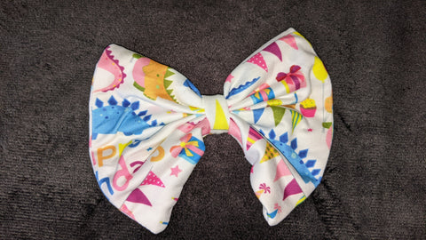 Pink Happy Birthday Dinosaur MATCHING Boutique Fabric Hair Bow