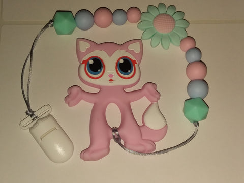 Kitty Cat Silicone Teether Chewing Toy Pacifier Clip