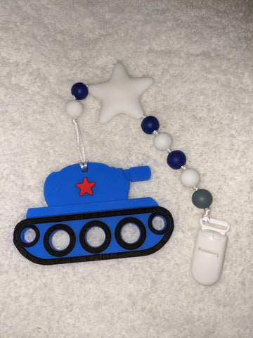 Vehicles Army Tank SILICONE TEETHER CHEWING TOY PACIFIER CLIP TC863