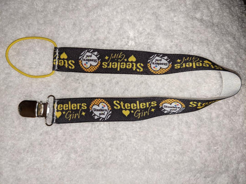 Steelers Girl Football  HAND CRAFTED PACIFIER DUMMY Single Sided CLIP - 10"-12"