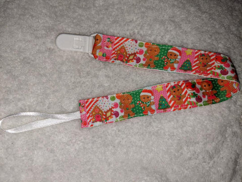 Ginger Bread Christmas Holiday HAND CRAFTED PACIFIER DUMMY CLIP - 10"-12"