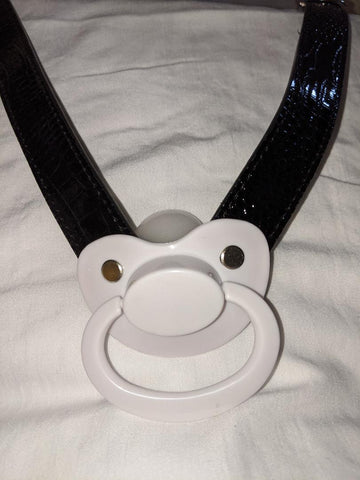 Pacifier Gag New ABDL Adult Pacifier Gag Black & White faux leather Clearance